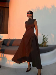 Elegant High Waist Bodycon Long Dress Women Fashion Sleeveless Irregular Half High Collar Gowns 2025 Lady Party Evening Dresses