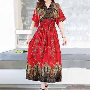 Elegant Sweet Bohemian Style V-neck Elastic Waist Loose Large Swing Flower Printed Girls Summer Dress for Woman 2023  Skirt
