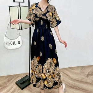Elegant Sweet Bohemian Style V-neck Elastic Waist Loose Large Swing Flower Printed Girls Summer Dress for Woman 2023  Skirt