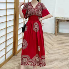 Load image into Gallery viewer, Elegant Sweet Bohemian Style V-neck Elastic Waist Loose Large Swing Flower Printed Girls Summer Dress for Woman 2023  Skirt