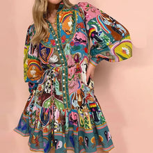 Load image into Gallery viewer, Elegant Vintage Lantern Sleeve Short Dress Women Autumn Spring Buttons Print Sash Ruffles Party Evening Dresses Fashion Vestidos