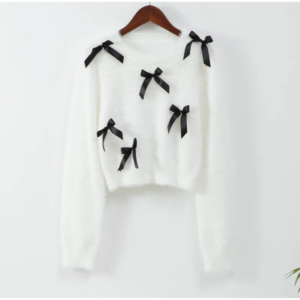 Fashion 3d Bow Round Neck Sweater For Women Elegant Long Sleeve Slim Warm Pullover 2024 New Autumn Female Commuting Streetwear