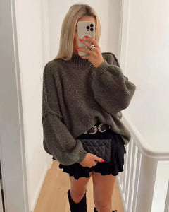 Fashion Round Neck Knitted Jumper For Women 2024 Autumn Long Lantern Sleeve Sweater Female Hight Street Warm Lady Chic Pullover