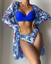 Load image into Gallery viewer, Floral Print Bikini Set Women Low Waist Twist Swimsuit Long Sleeve Cover Up Three Pieces 2024 Summer Beach Bathing Suit Swimwear
