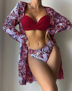 Floral Print Bikini Set Women Low Waist Twist Swimsuit Long Sleeve Cover Up Three Pieces 2024 Summer Beach Bathing Suit Swimwear