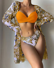 Load image into Gallery viewer, Floral Print Bikini Set Women Low Waist Twist Swimsuit Long Sleeve Cover Up Three Pieces 2024 Summer Beach Bathing Suit Swimwear
