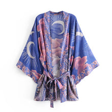 Load image into Gallery viewer, Boho Queens Vintage Star and Moon Floral Print Sashes Women Bohemian V Neck Batwing Sleeves  Happie Short Robe Kimono