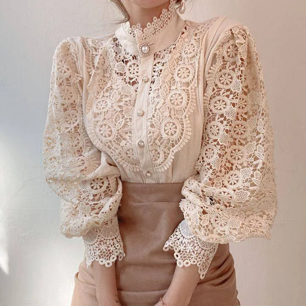 Women Chiffon Button Turtleneck Shirt Chic Elegant Floral Lace Fluffy Long Sleeve Top Fashion Hollow Oversize White Blouse 2025