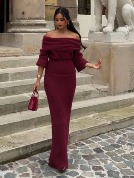 Knitted Off Shoulder Long Sleeved Slim Fit Dresses Elegant Solid Color High Waisted Women's Dress 2024 New Lady Party Streetwear