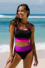 Load image into Gallery viewer, LW Sporty Patchwork High Waisted Black Bikini Set Color Lump Boho Skinny U Neck Two Piece Hip Minimizer Moderate Swimsuits