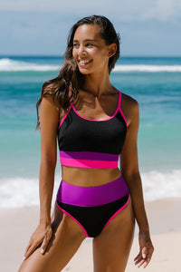 LW Sporty Patchwork High Waisted Black Bikini Set Color Lump Boho Skinny U Neck Two Piece Hip Minimizer Moderate Swimsuits