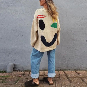 New 2024 Autumn Women's Oversized Sweaters O Neck Knitwear Long Sleeve Loose Fit Pullovers Female Casual Smile Boho Sweater Tops