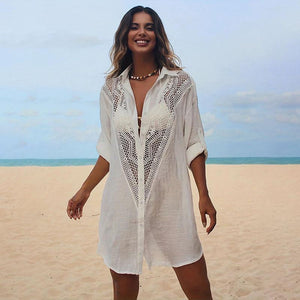 Lace Spell Bamboo Shirt Beach Blouse Sexy Hollow Sunscreen Bikini Blouse Cover Up