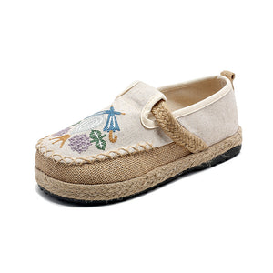 Comfortable Round Toe Cotton Hemp Midsole Women's Casual Shoes, Ethnic Style Lazy Person, One Footed Fisherman's Shoes, Retro Embroidered Shoes