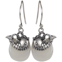 Load image into Gallery viewer, 925 Silver Needle White Jade Retro Ruyi Ping An Buckle Personalized Koi Fish Ladies Earrings