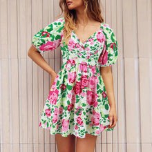 Load image into Gallery viewer, Women‘s Wear Summer New V-neck Printed Beach Lantern Sleeve Short Dress