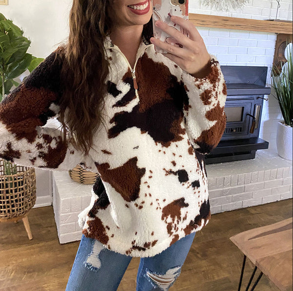New Autumn and Winter Leisure Fashion Plush Coat Female Cow Printed Zipper Sweater
