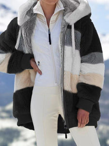 Autumn and Winter Warm Plush Patchwork Zipper Pocket Hooded Loose Coat Women