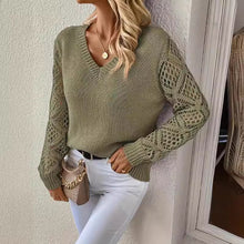 Load image into Gallery viewer, Spring and Autumn Knitted Sweater, Women's Clothing Temperament V-neck Hollow Long-sleeved Solid Color Casual Top