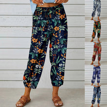 Load image into Gallery viewer, Cotton and Linen Women&#39;s Pants High-waisted Drawstring Cropped Pants Elasticated Waist Corset Retro Print Pants