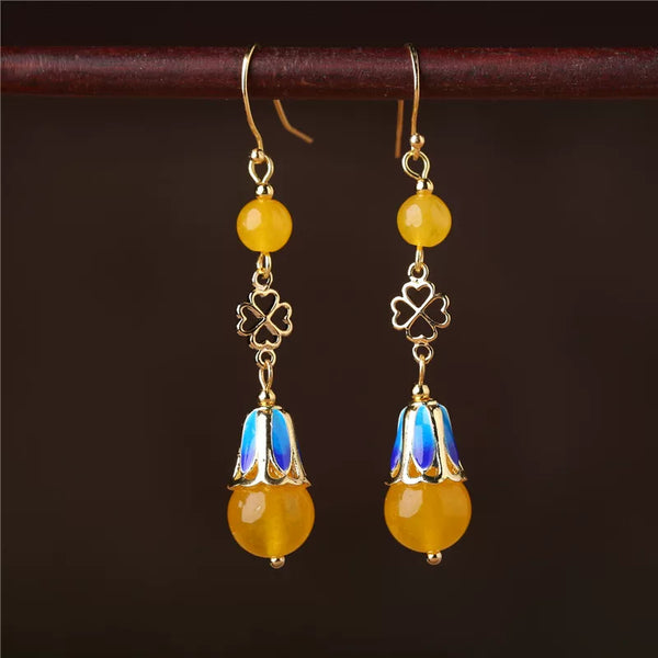 Ethnic Style Long Jade Earrings Retro Temperament Fringed Silver Earrings