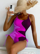 Load image into Gallery viewer, One-piece swimsuit, multi-color panels, drawstring ripple women&#39;s swimsuit