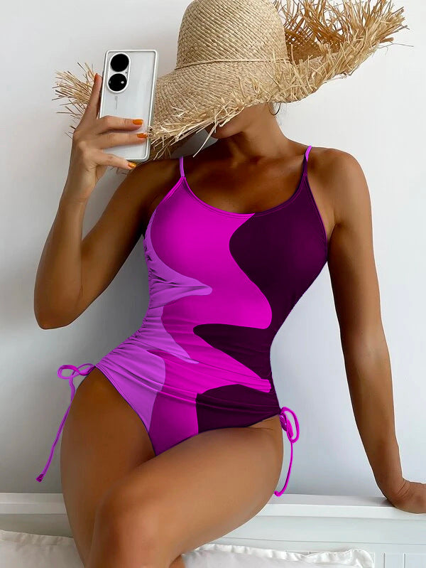 One-piece swimsuit, multi-color panels, drawstring ripple women's swimsuit