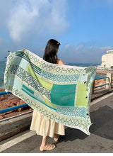 Load image into Gallery viewer, Fresh Green Ethnic Style Silk Scarf Women&#39;s Summer Sunscreen Dual-purpose Large Shawl Beach Towel Thin Cotton and Linen Scarf Yarn