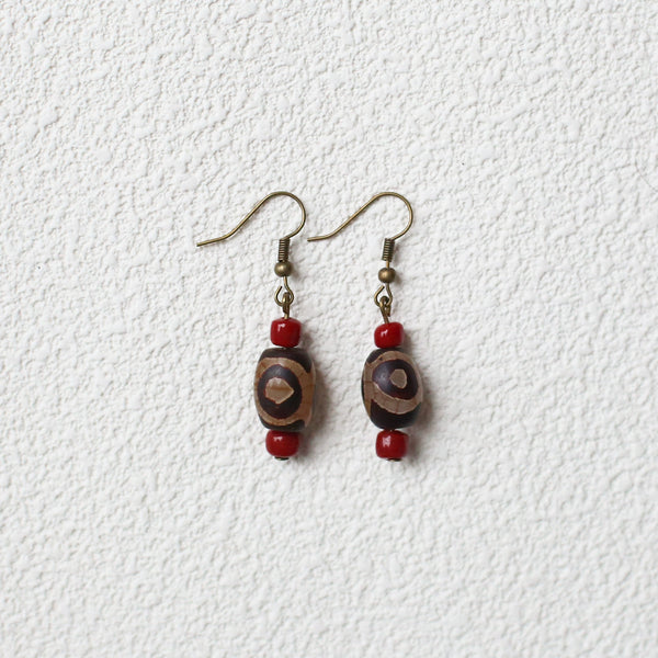 Tibetan Agate Dzi Bead Earrings, Niche Retro Ethnic Style Jewelry