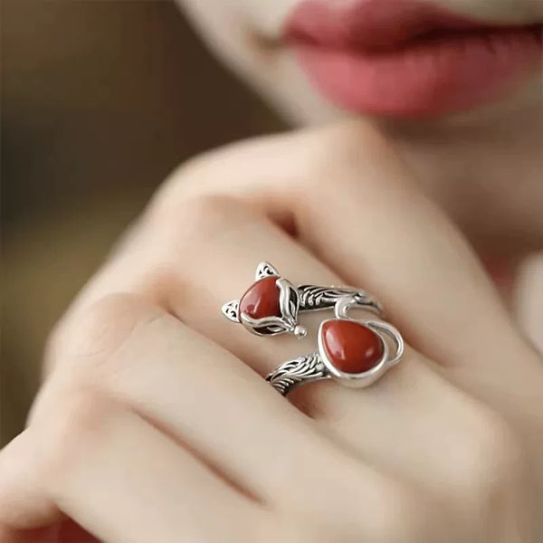 925 Silver Retro Ethnic Style Fox Ring Opening Adjustment Old Versatile Simple Jewelry