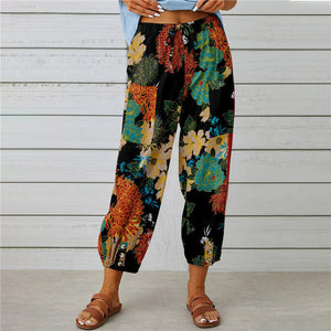 Cotton and Linen Women's Pants High-waisted Drawstring Cropped Pants Elasticated Waist Corset Retro Print Pants