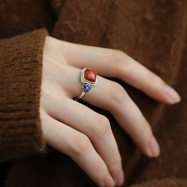 Nanhong Agate Rose S925 Silver Ring Women's 2026 New Popular Niche Design Ethnic Style Index Finger Ring