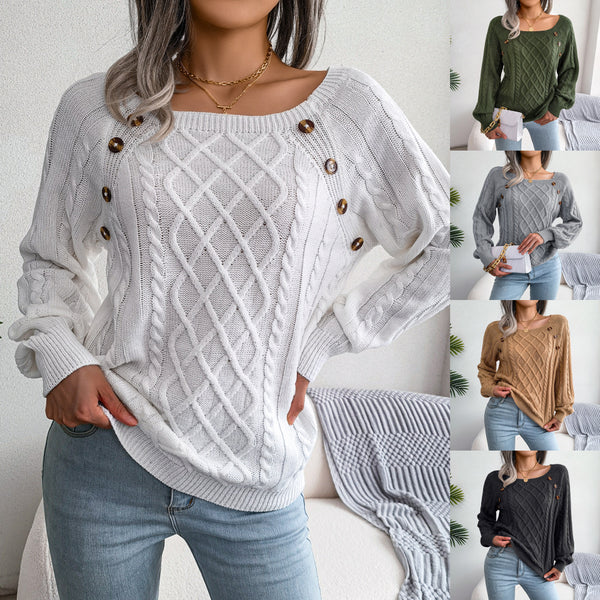 2025 Autumn and Winter Casual Square Collar Nail Button Twist Knitted Pullover Sweater