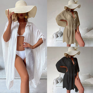 New Bamboo Knot Cotton Shirt Style Loose Beach Cardigan Vacation Sun Protection Suit Bikini Cover Up Shirt Swimsuit Over Cardigan