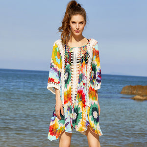 New Printed Hollow Sun Protection Loose and Thin Beach dress