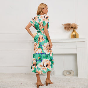 Summer New V-Neck Fishtail Dress Bat Sleeve Print Dress