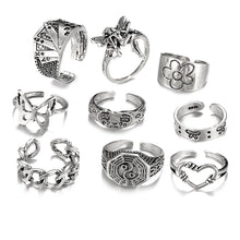 Load image into Gallery viewer, 9-piece Set of Vintage Crying Face Rings, Playing Card Rings, Hollowed Out Love Rings, Daisy Rings, Alloy Chain Rings