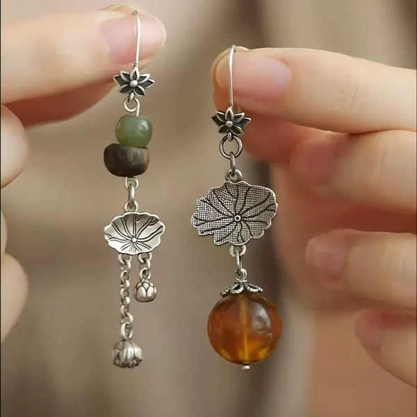 Retro 925 Silver Lotus Leaf Earrings Women's New Style Temperament Versatile Earrings Round Beads Irregular Earrings
