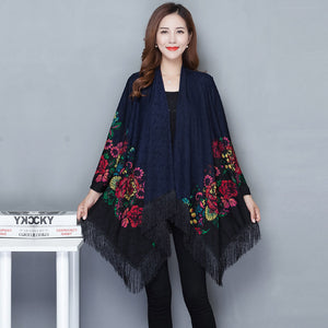 Autumn Outerwear Women's Mid Length Ethnic Style Cape Printed Loose Outerwear Cape with Oversized Cardigan