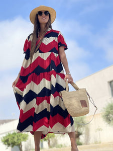 Summer Shirt Collar Print Ripple Large Swing Short Sleeved Dress Long Skirt