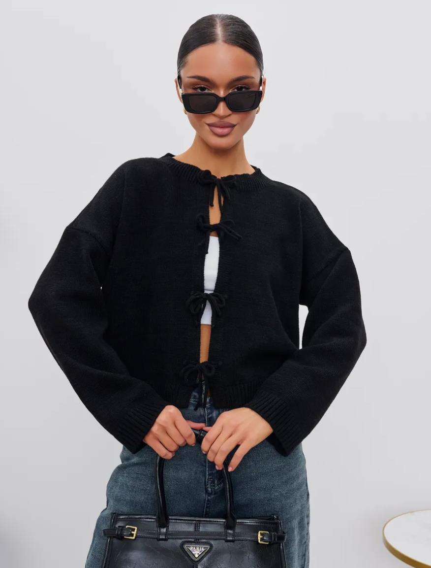 Autumn and Winter Casual Loose Cardigan Lace-up Solid Color Knitted Sweater Women