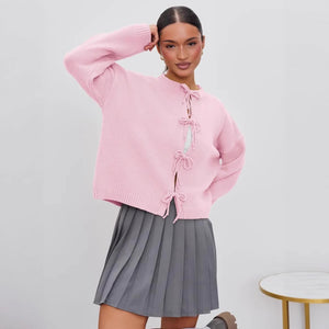 Autumn and Winter Casual Loose Cardigan Lace-up Solid Color Knitted Sweater Women