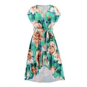 Summer New V-Neck Fishtail Dress Bat Sleeve Print Dress