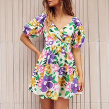 Load image into Gallery viewer, Women‘s Wear Summer New V-neck Printed Beach Lantern Sleeve Short Dress