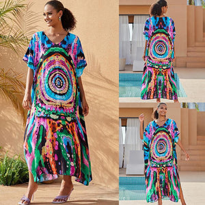 Cotton Watermark Printed Beach Blouses Robe-style Holiday Sunscreen Blouses Bikini Blouses