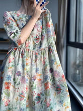Load image into Gallery viewer, Summer Printing Unique and Unique Skirt Round Neck Forest Cotton Linen Imitation Ramie Fragmented Flower Dress