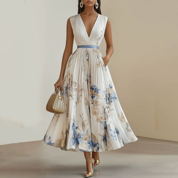 Women's Clothing Digital Printing V-neck Sleeveless Pleated Dress Long Dress