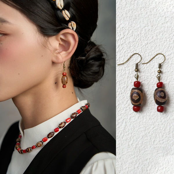 Tibetan Agate Dzi Bead Earrings, Niche Retro Ethnic Style Jewelry
