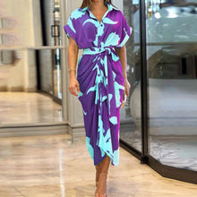 Load image into Gallery viewer, Women&#39;s Printed Polo Collar Short Sleeve High Waist Long Shirt Dress