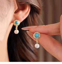 Load image into Gallery viewer, 925 Silver Needle Turquoise Freshwater Pearl Earrings Women's Premium Light Luxury Niche Design Retro Anti-Allergy Earrings